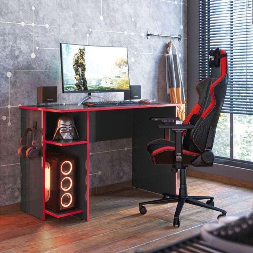 Mesa Para Escritorio E Gamer Preto Fosco Vermelho