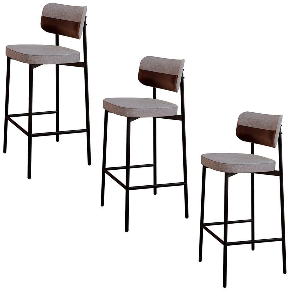 Banqueta Alta Bar Estofada Kit 3 Ella M25 Linho Cinza Cl-café - Mpozenato