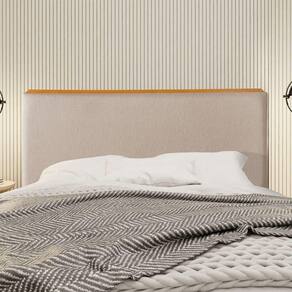 Cabeceira Cama Box King 1,93m Estofada Detalhe Em Madeira Java Linho Bege