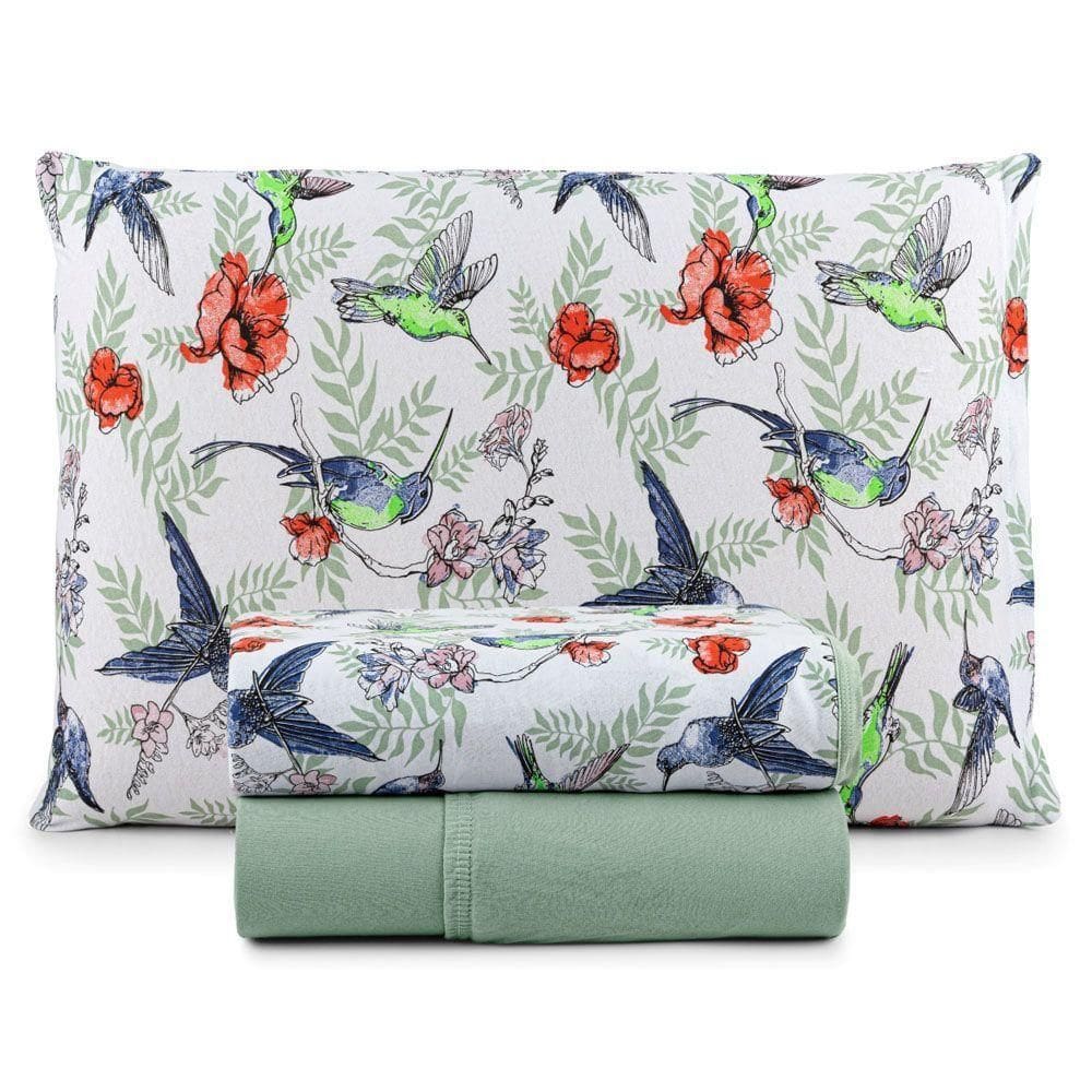 Jogo Cama Lençol Casa Scarpa Sonnet Solteiro Malha Estampada Algodão 3 Peças - Beija Flor - Verde