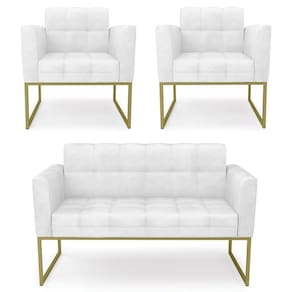 Sofá Namoradeira E 2 Poltronas Base Industrial Dourado Ana Sintético Pu Branco - Ibiza