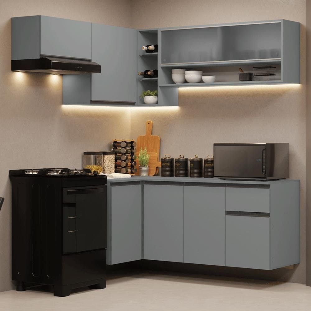 Armário De Cozinha Completa De Canto Suspenso 325cm Nice Madesa 01 Cinza