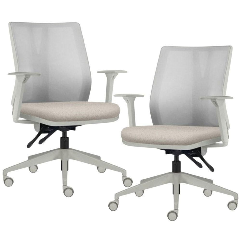 Kit 2 Cadeiras De Escritório Giratória Diretor Flow F02 Base Cinza Linho Bege Claro - Lyam Decor