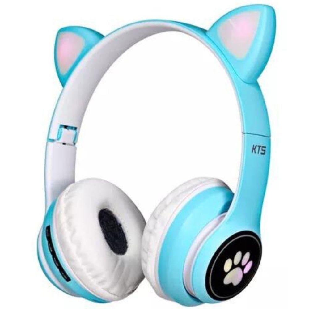 Fone Bluetooth Orelha De Gato Led Colorido Azul