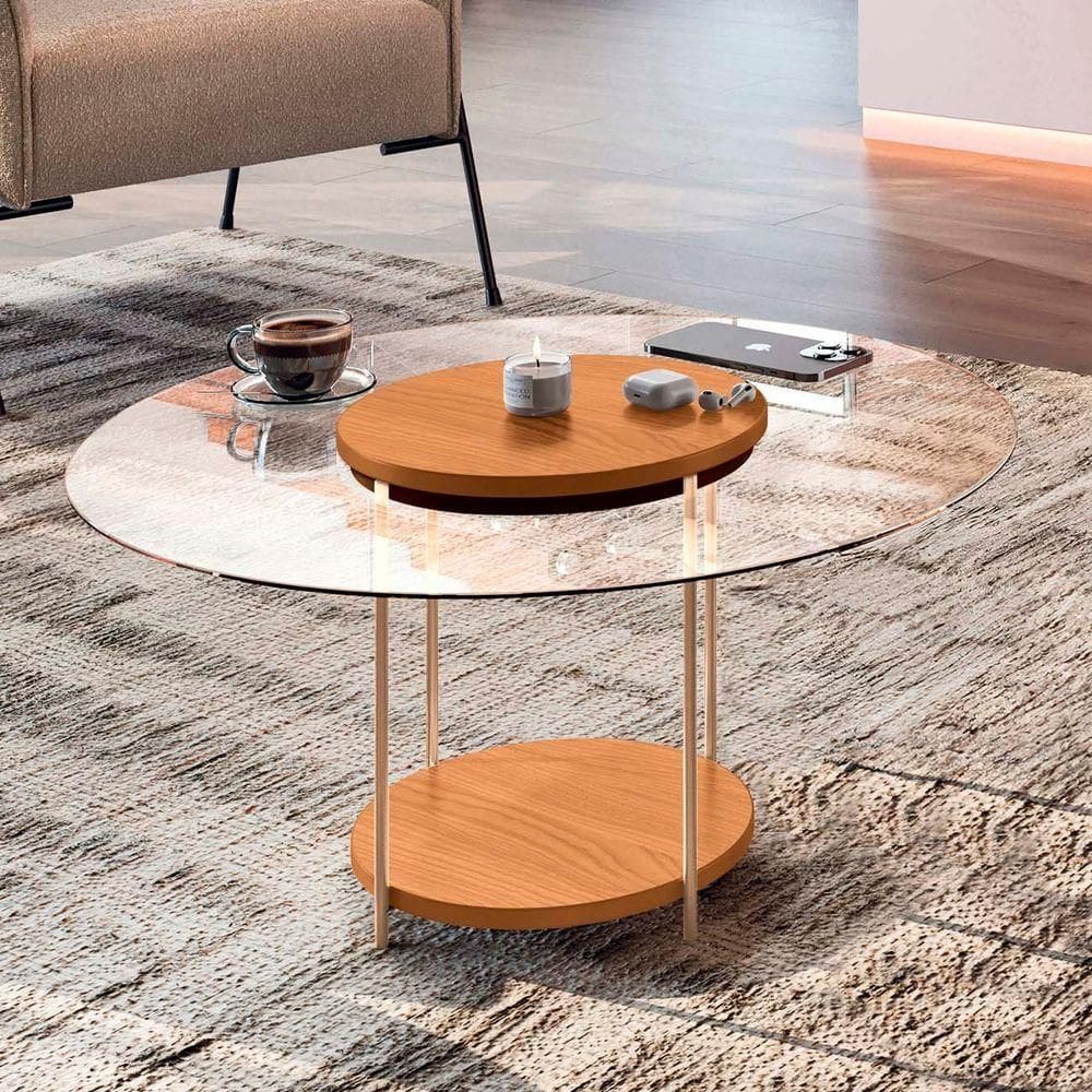 Mesa De Centro Redonda Tampo De Vidro Sky Cinamomo - Hb Móveis