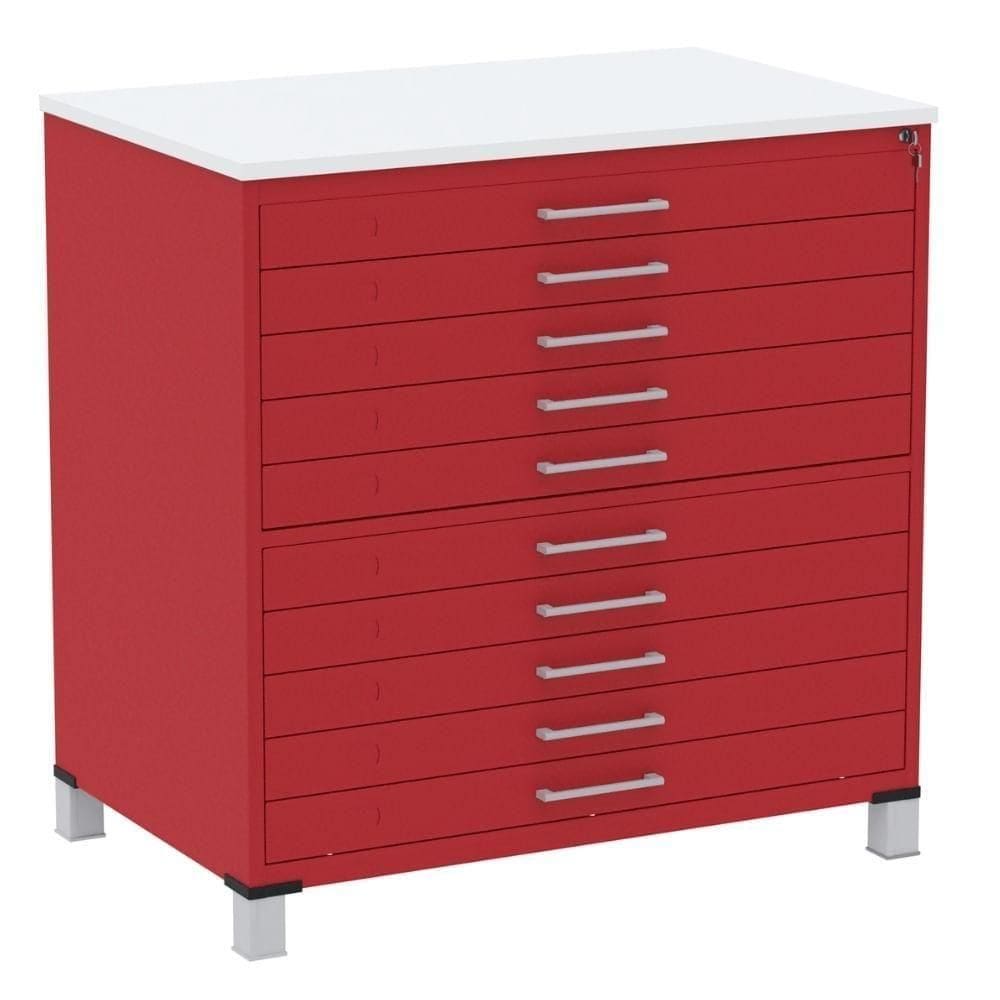 Mapoteca 10 Gavetas Pandin 120 Cm (larg) Inmetro Tampo Mdp Branco Estrutura E Gaveta Em Aço Vermelho