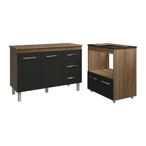 Balcão Armário Gabinete Bruna 118 Cm Preto Com Tampo E Balcão Evelyn Para Cooktop 4 Bocas Preto