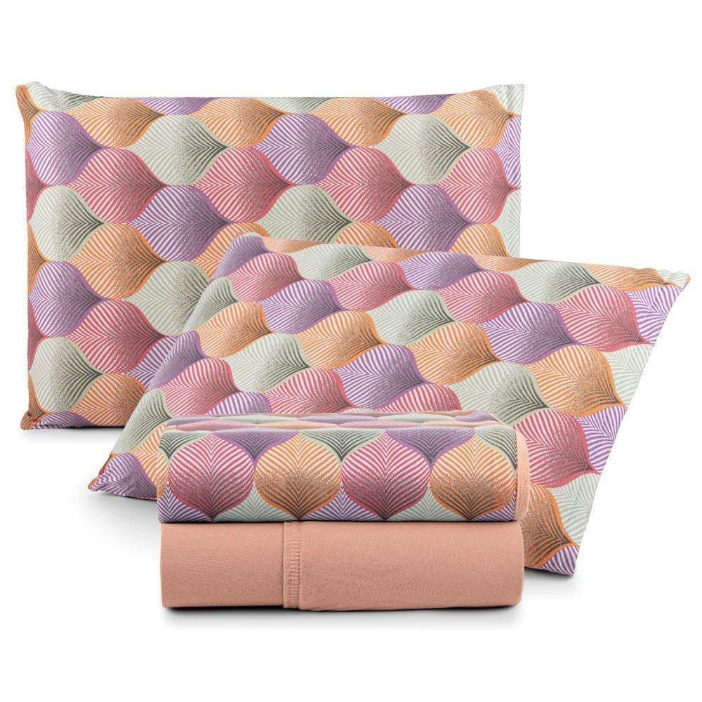 Jogo Cama Lençol Casa Scarpa Sonnet King Malha Estampada Algodão 4 Peças - Mosaico - Salmão