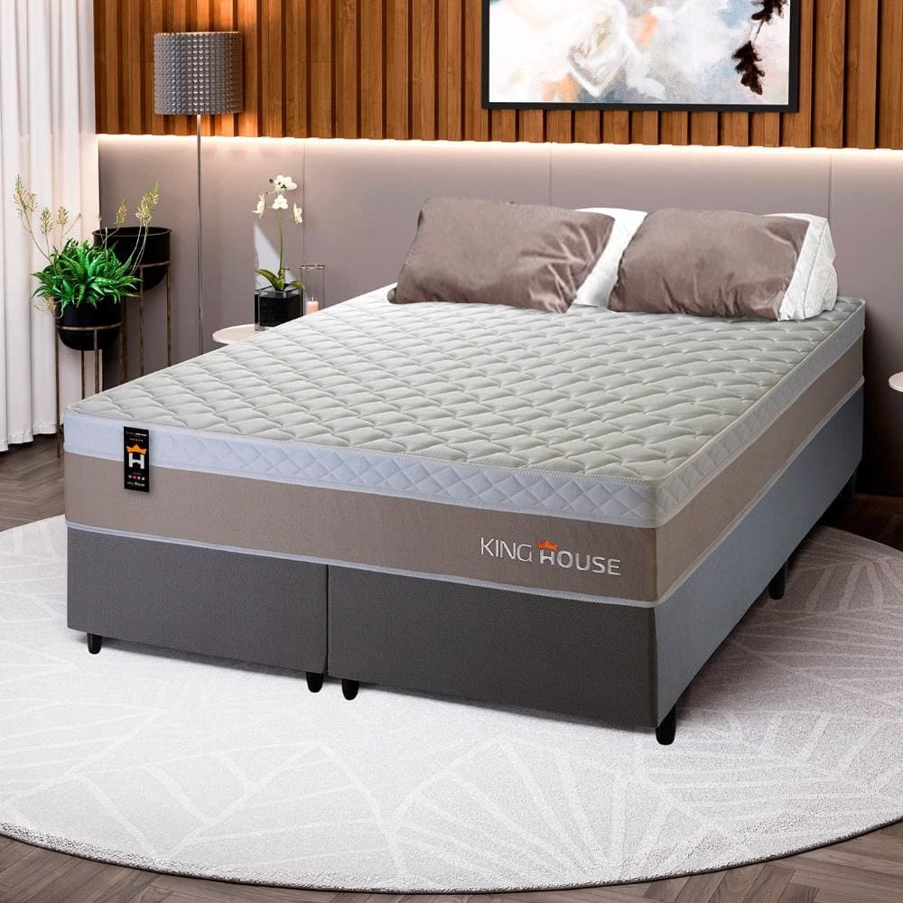 Conjunto Cama Box Cinza c/ Molas Ensacadas Sheffield Bege King 193x203x65