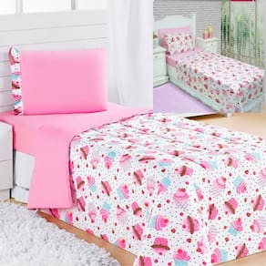Kit Coordenado Edredom Com Lençol Solteiro Alegria Rosa 100% Poliéster