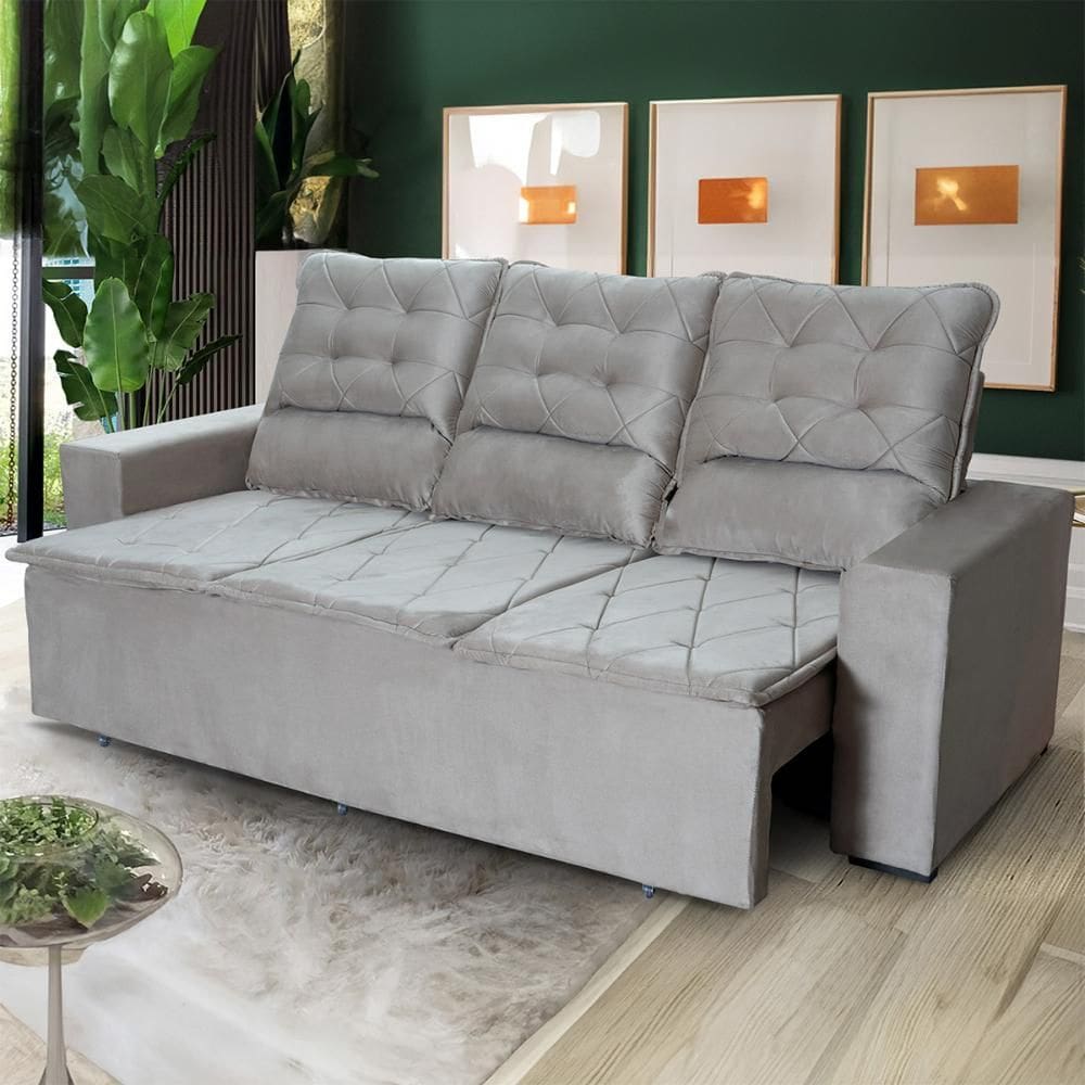 Sofá Retrátil Reclinável Europa 1,80m Suede Velut Cinza Com Molas - King House