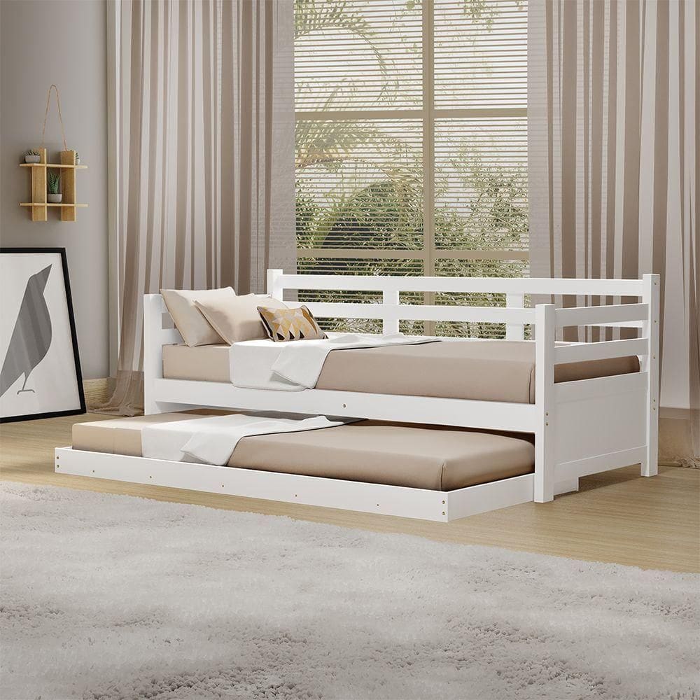Sofá Cama Solteiro Em Madeira Vintage + 2 Colchões Enjoy - Branco - Branco