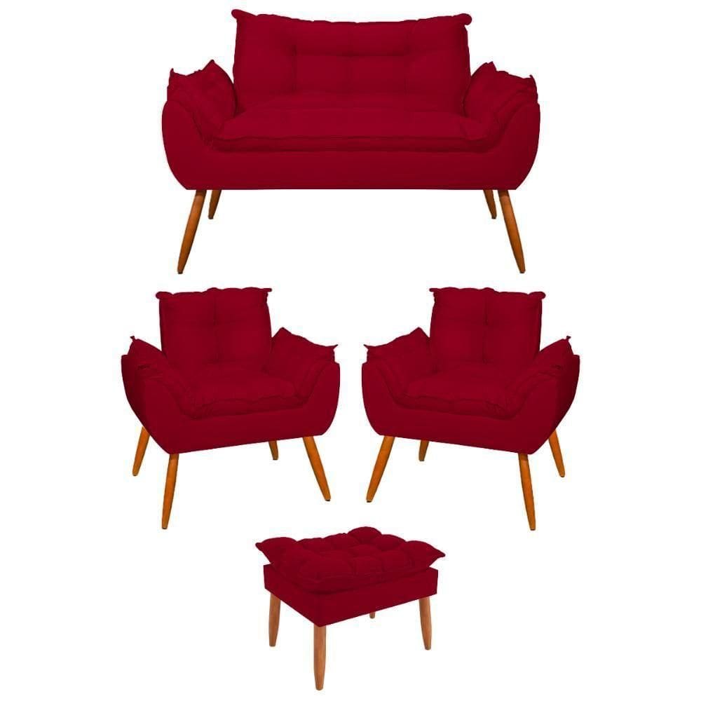 Kit 02 Poltronas + Sofá 2 Lugares Com Puff Opala Balaqui Vermelho