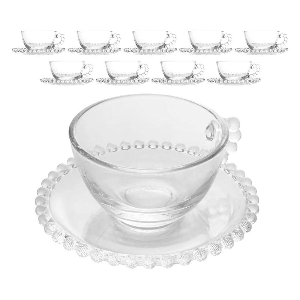 Jogo 10 XícarasDe Chá Com Pires Cristal Transparente Pearl Pérola 180ml Wolff