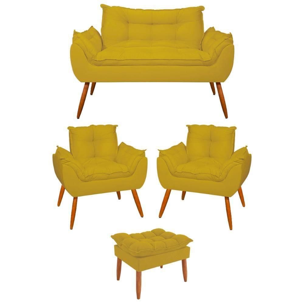 Kit 02 Poltronas + Sofá 2 Lugares Com Puff Opala Balaqui Amarelo