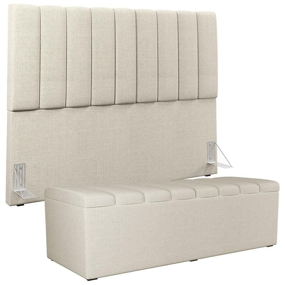 Kit Cabeceira Cama Box Casal King 195cm Com Calçadeira Baú Dália W01 Linho Champagne - Lyam