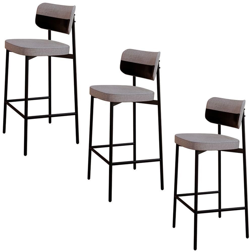 Banqueta Alta Bar Estofada Kit 3 Ella M25 Linho Cinza Cl-preto - Mpozenato