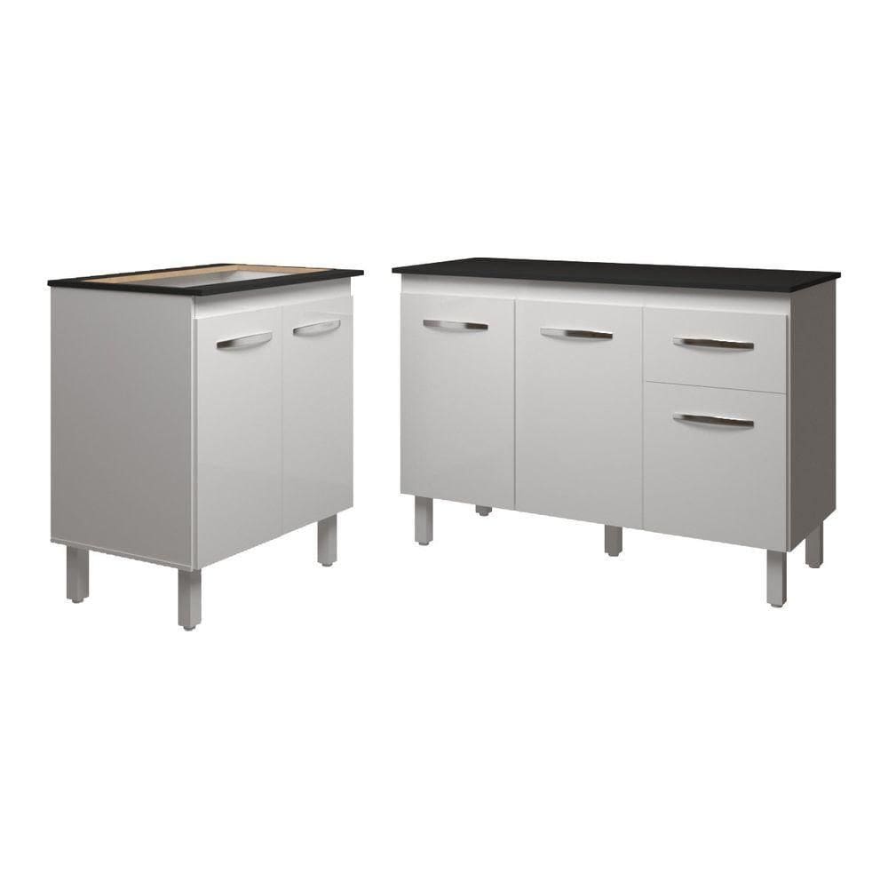 Balcão Para Cooktop 5 Bocas Fran Branco E Armário Aline 118 Cm Cozinha Gabinete Branco Com Tampo Tampão Preto