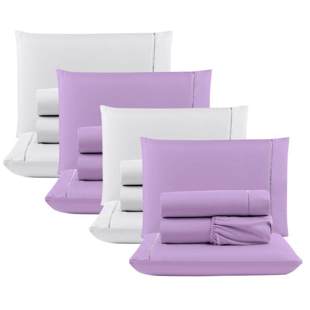 Kit 4 Jogos Cama Lençol Casal 400 Fios 4 Peças Lilás +Branco