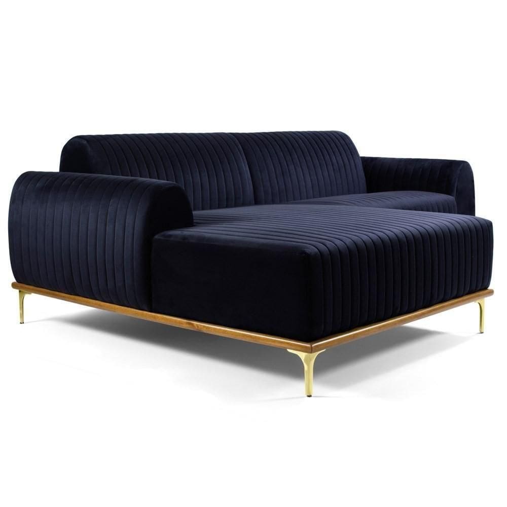 Sofá 255cm 4 Lugares Com Chaise Esquerdo Pés Gold Molino C-287 Veludo Marinho - Domi