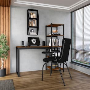 Mesa De Escritório Fit Metal E Madeira Com Estante Lateral Canela