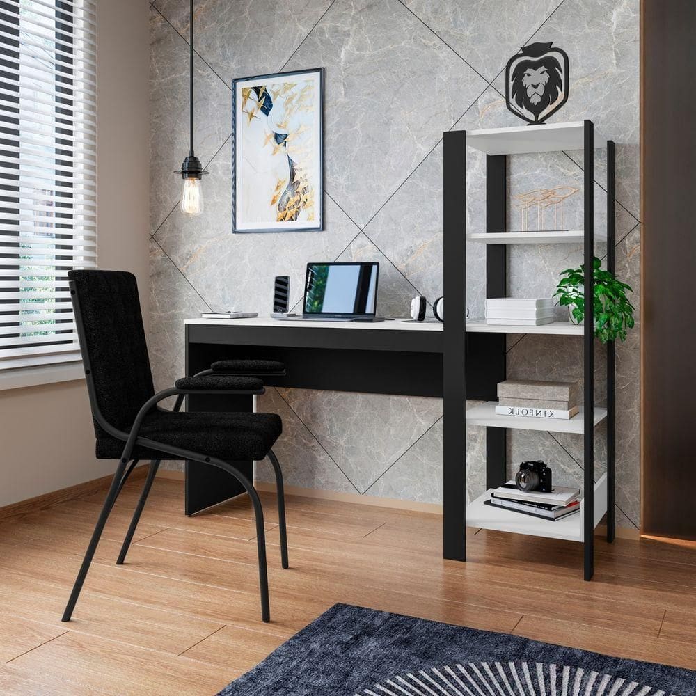 Mesa Escrivanha Home Office Mdf Com Prateleiras Artemis Preto-branco