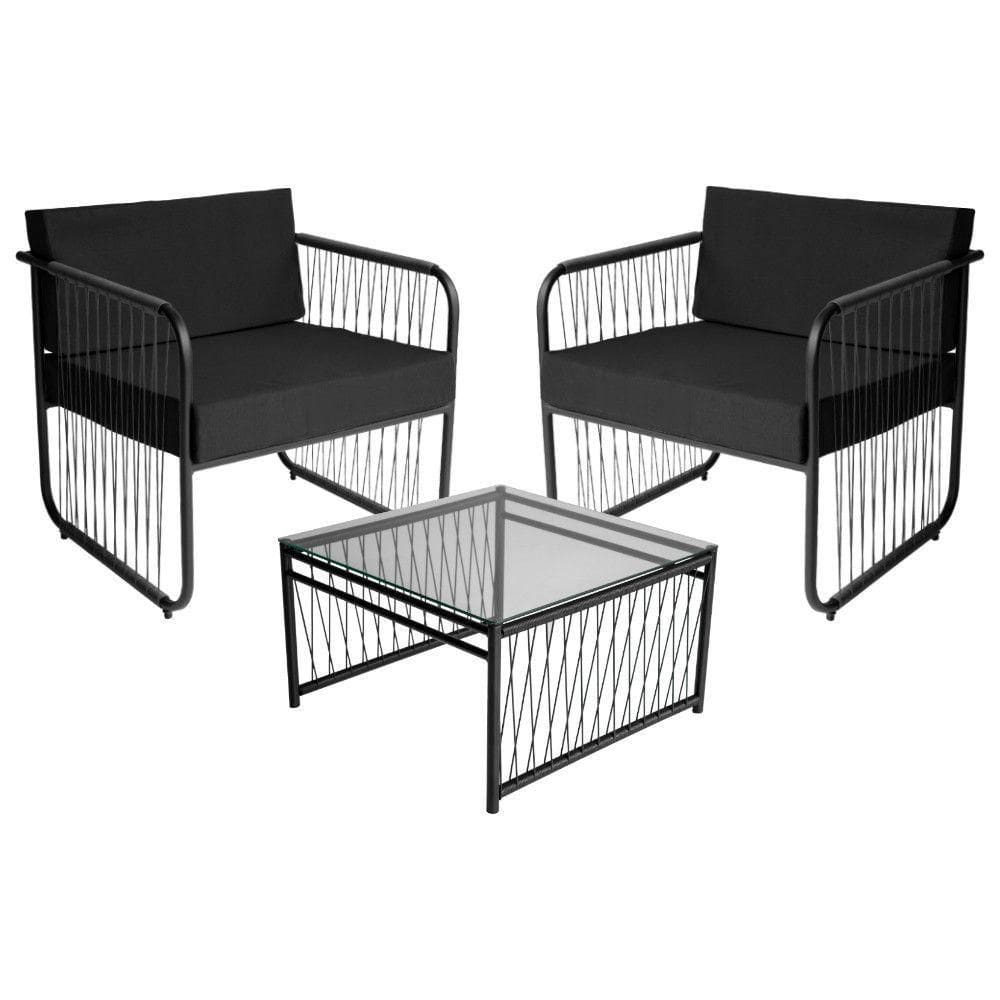 Conjunto 2 Poltronas E Mesa Centro Fibra Sintética Córdova Preto-preto