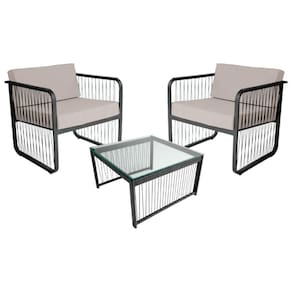 Conjunto 2 Poltronas E Mesa Centro Fibra Sintética Santiago Preto-branco