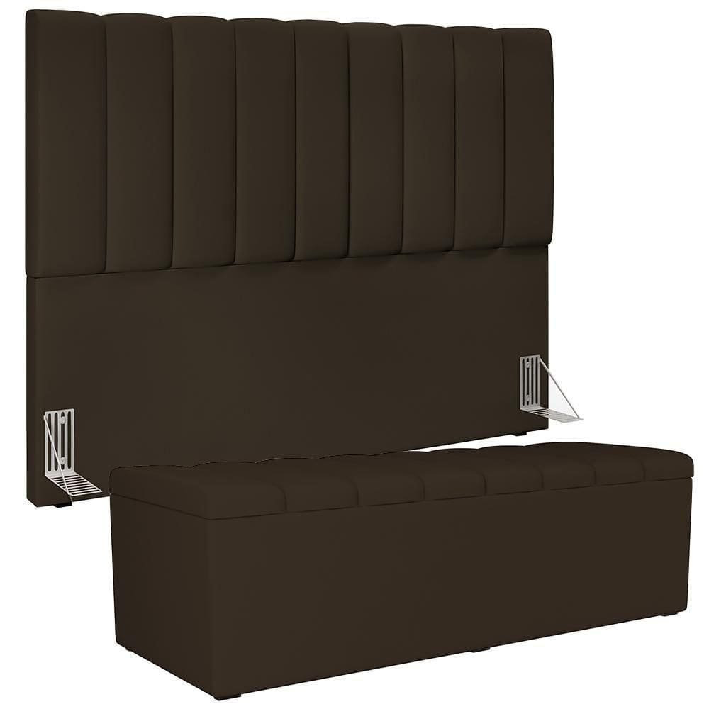 Kit Cabeceira Cama Box Casal King 195cm Com Calçadeira Baú Dália W01 Suede Marrom - Lyam