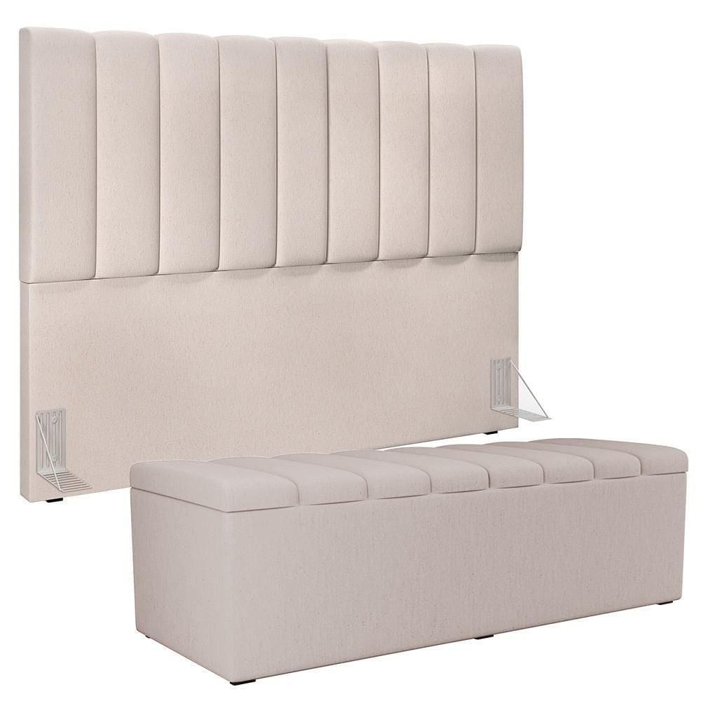 Kit Cabeceira Cama Box Casal King 195cm Com Calçadeira Baú Dália W01 Linho Cru - Lyam