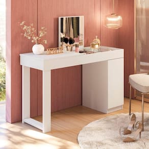Escrivaninha Penteadeira Camarim Mesa De Maquiagem Com Espelho Love Branco Fosco - Mabe Magazine