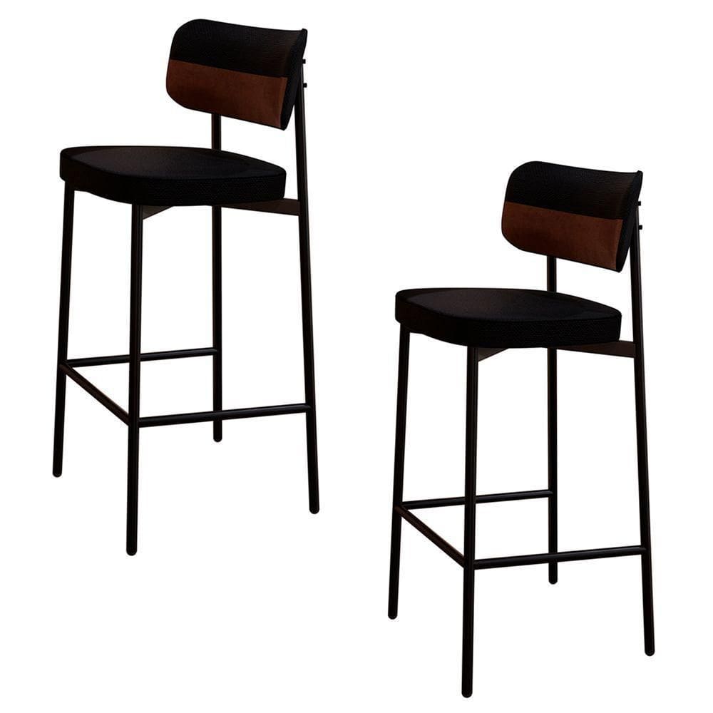 Banqueta Alta Bar Estofada Kit 2 Ella M25 Linho Preto/whisky - Mpozenato