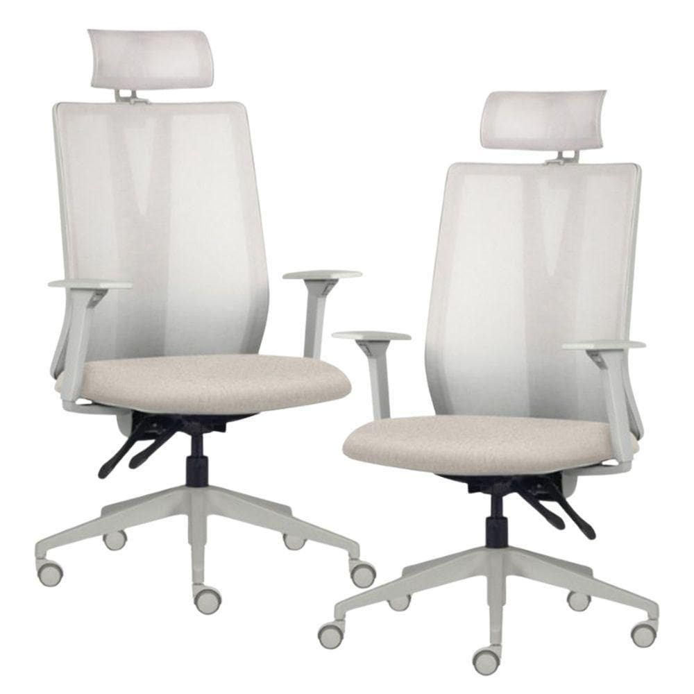 Kit 2 Cadeiras Escritório Giratória Presidente Flow F02 Base Cinza Linho Bege Claro - Lyam Decor