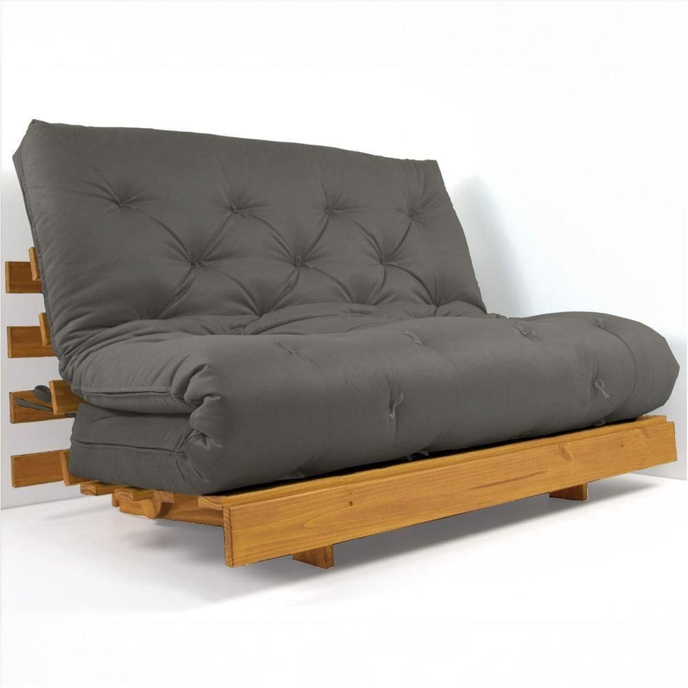 Sofá Cama Casal Futon Tokio Cinza Madeira Maciça Cor Mel