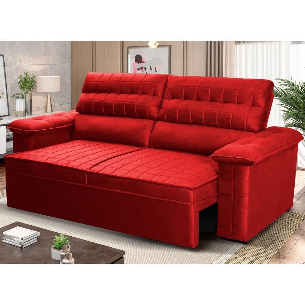 Sofá Retrátil Reclinável 3 lugares com molas 2,00m Quantum Suede Velut Vermelho - King House