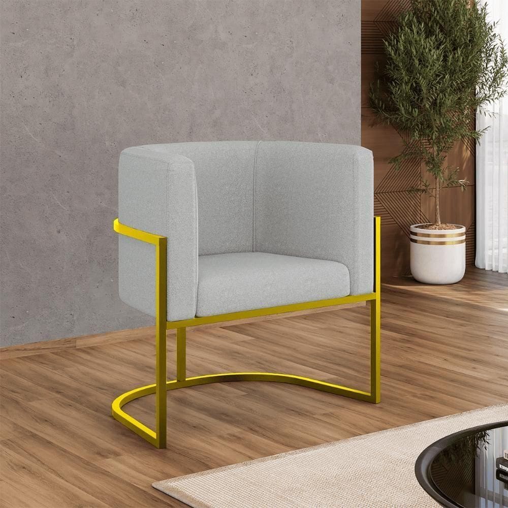 Poltrona Bouclê Decorativa Lua Recepção Base De Ferro Gold Cinza