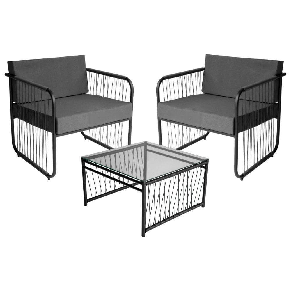 Conjunto 2 Poltronas E Mesa Centro Fibra Sintética Córdova Preto-cinza