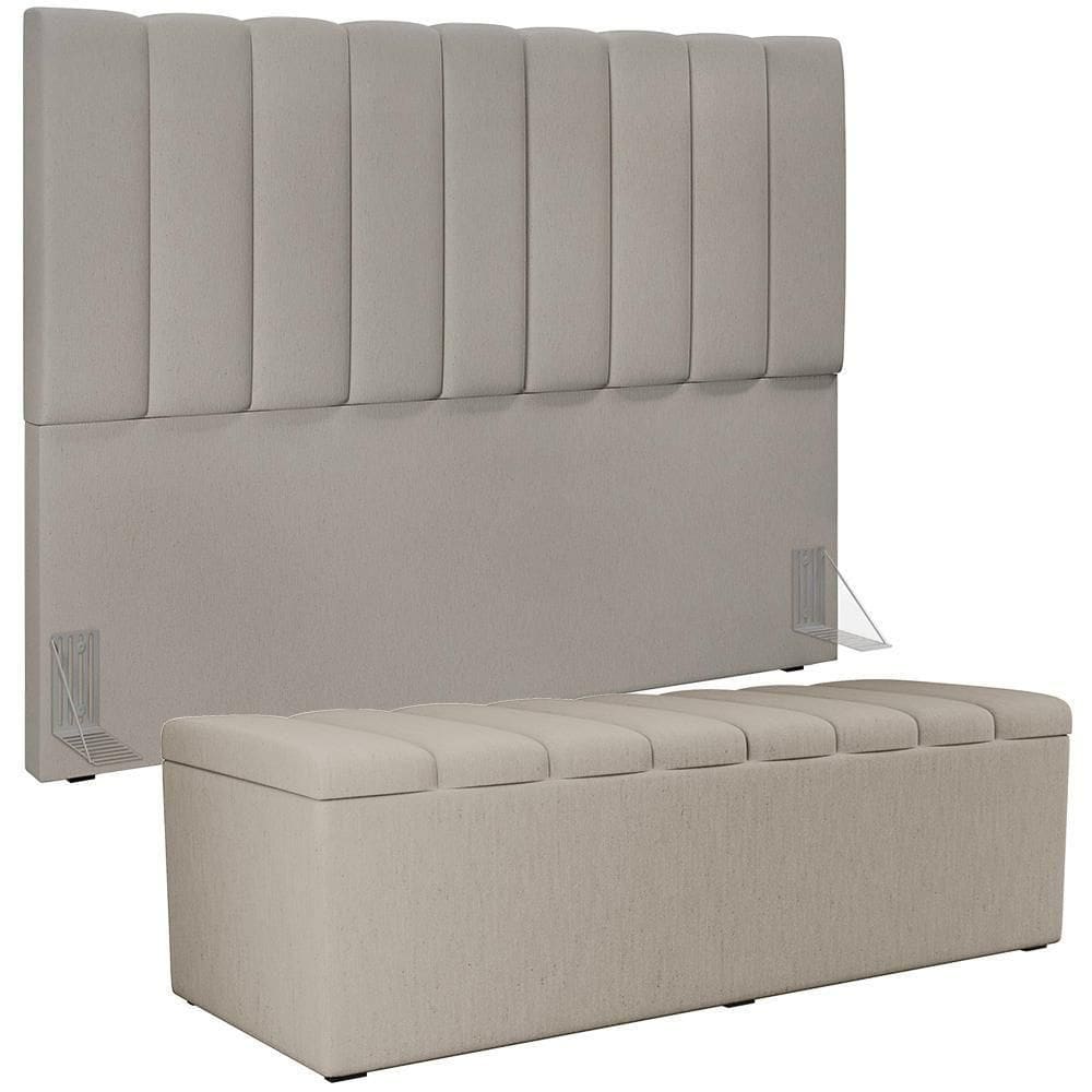 Kit Cabeceira Cama Box Casal King 195cm Com Calçadeira Baú Dália W01 Linho Bege - Lyam