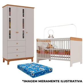 Berço Mini Cama Pega Pega e Guarda Roupa Antonella 3 Portas Off White Caramelo com Colchão - Canaã