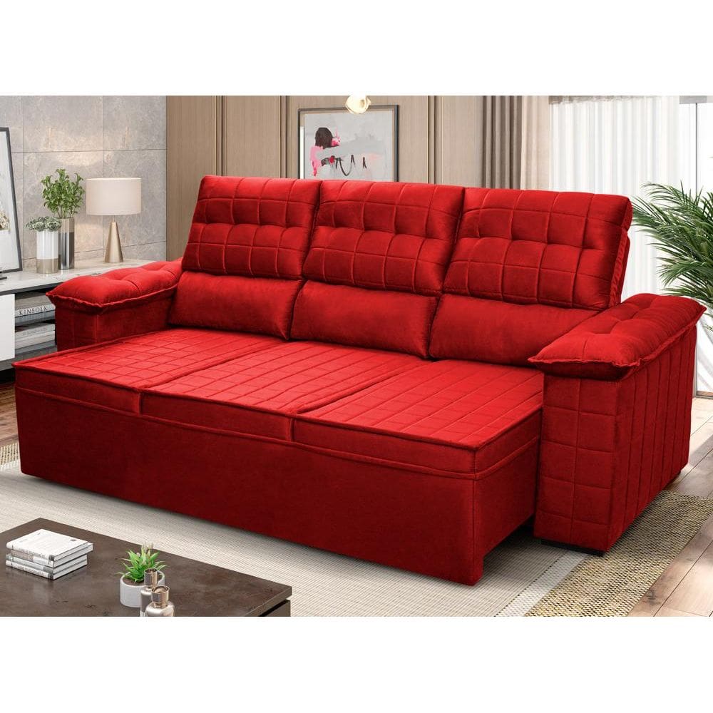 Sofá Retrátil Reclinável 4 lugares com molas 2,30m Quantum Suede Velut Vermelho - King House