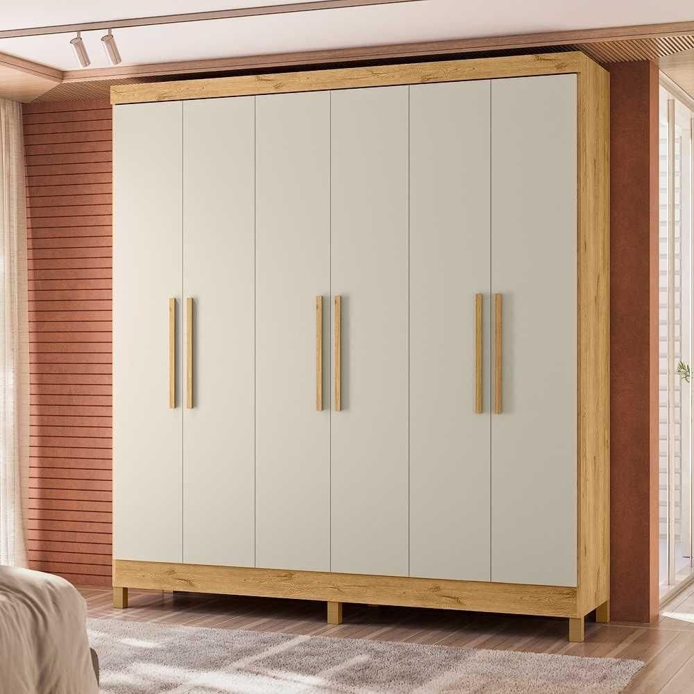 Guarda Roupa 6 Portas Gavetas Luna Freijo Toque Off White Brilho