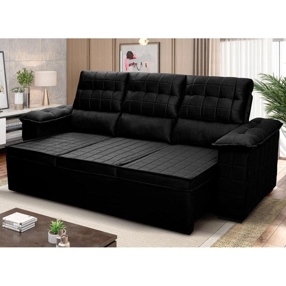 Sofá Retrátil Reclinável 4 lugares com molas 2,30m Quantum Suede Velut Preto - King House