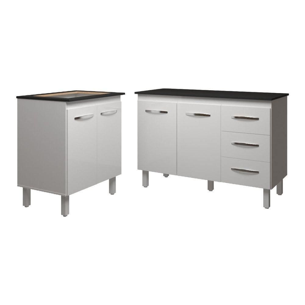 Balcão Para Cooktop 4 Bocas Fran Branco E Armário Bruna 118 Cm Cozinha Gabinete Branco Com Tampo Tampão Preto