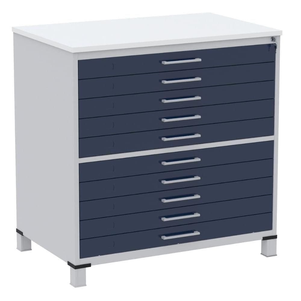 Mapoteca 10 Gavetas Pandin 120 Cm (larg) Inmetro Tampo Mdp Branco Estrutura Aço Cinza Gavetas Azul