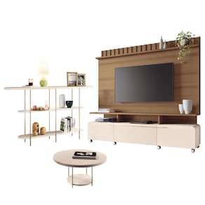 Estante Home Theater Artís Off White Castanho e Aparador Infinity e Mesa de centro Sky Off White - HB Móveis