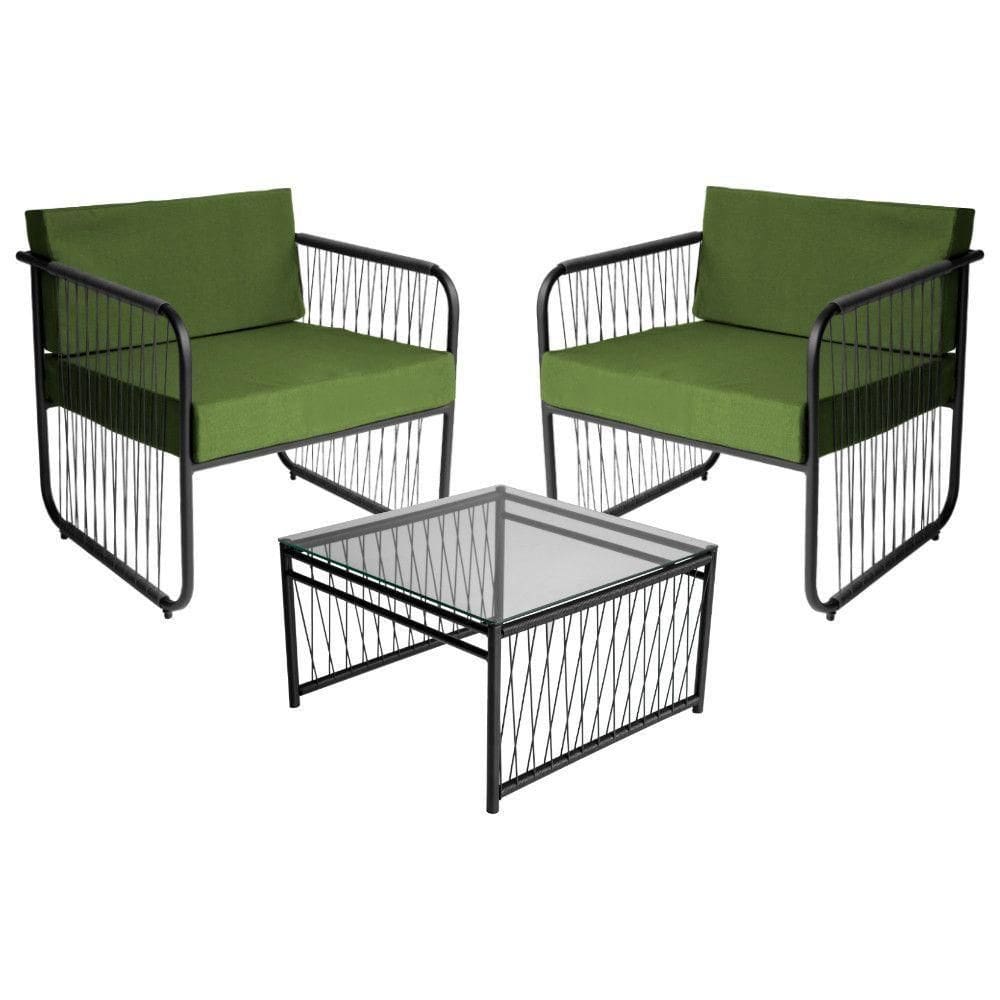 Conjunto 2 Poltronas E Mesa Centro Fibra Sintética Córdova Preto-verde