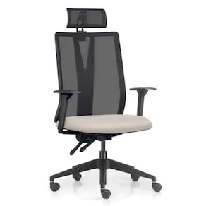 Cadeira Escritório Giratória Presidente Flow F02 Base Preta Linho Bege Claro - Lyam Decor