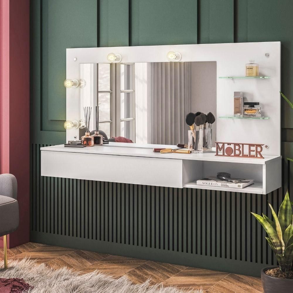 Camarim Penteadeira Lumiere Mesa Suspensa Com Espelho E Gaveta Organizadora Branco Fosco - Mabe Magazine