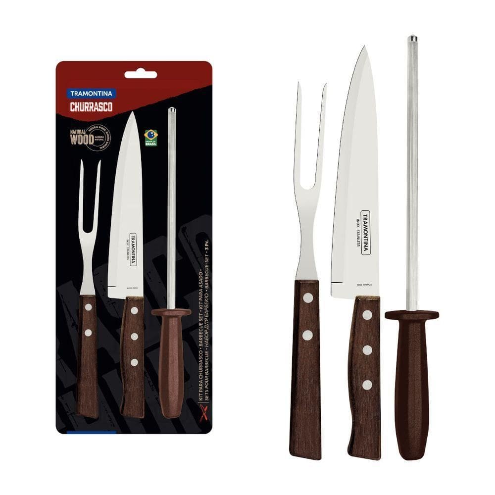 Kit Para Churrasco Tramontina Aço Inox Madeira Natural E Polipropileno 3 Peças