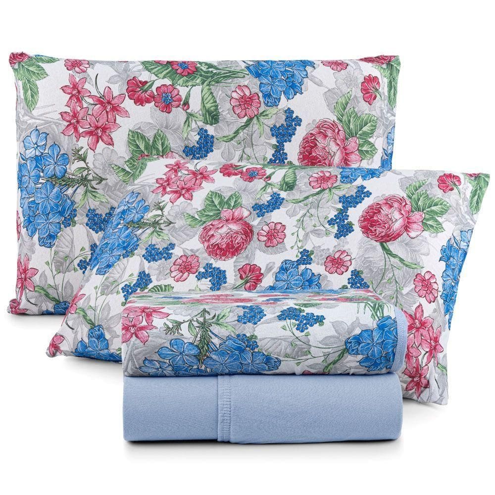 Jogo Cama Lençol Casa Scarpa Sonnet King Malha Estampada Algodão 4 Peças - Floral - Azul Claro